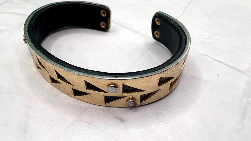 Stella Dot Black Leather Brass Cuff Bracelet Geometric Cutout Studded 6" Petite